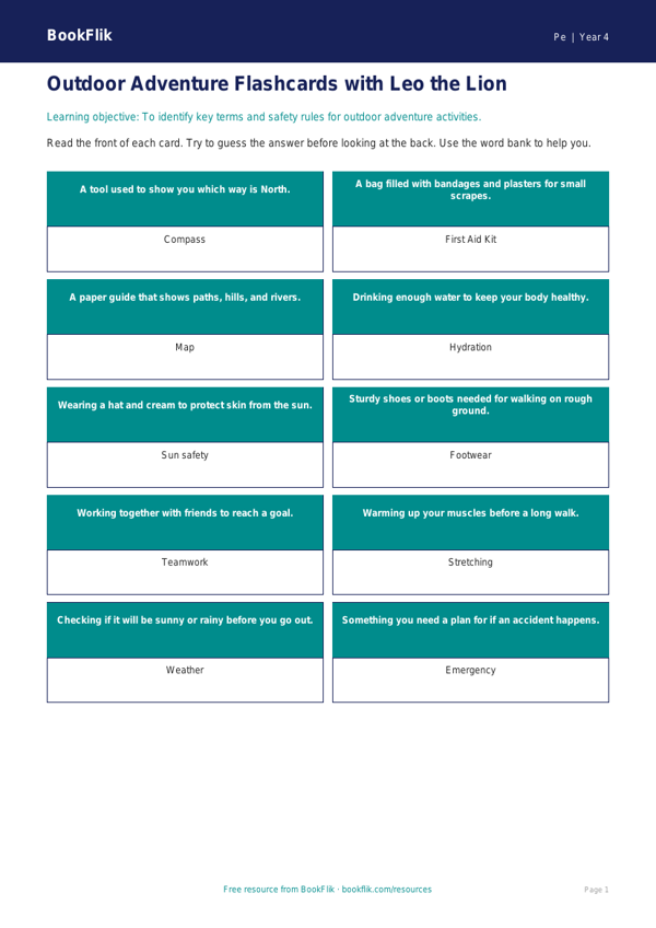 Free Outdoor Adventures Flashcards | Year 4 Supported | BookFlik worksheet preview — Pe Outdoor Adventures