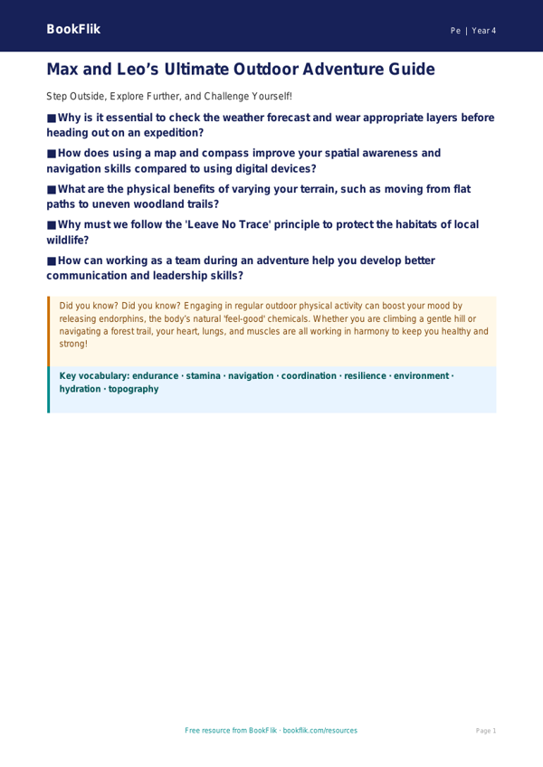 Free Outdoor Adventures Poster | Year 4 Greater Depth | BookFlik worksheet preview — Pe Outdoor Adventures
