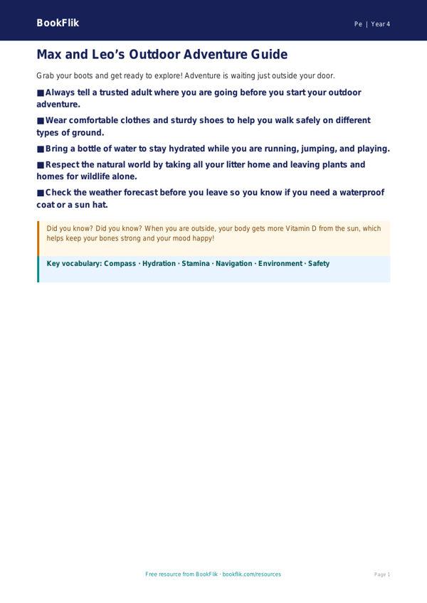 Free Outdoor Adventures Poster | Year 4 Supported | BookFlik worksheet preview — Pe Outdoor Adventures