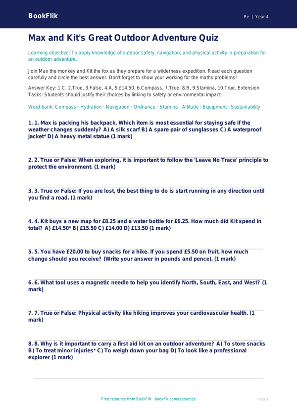 Free Outdoor Adventures Quiz | Year 4 Greater Depth | BookFlik worksheet preview — Pe Outdoor Adventures