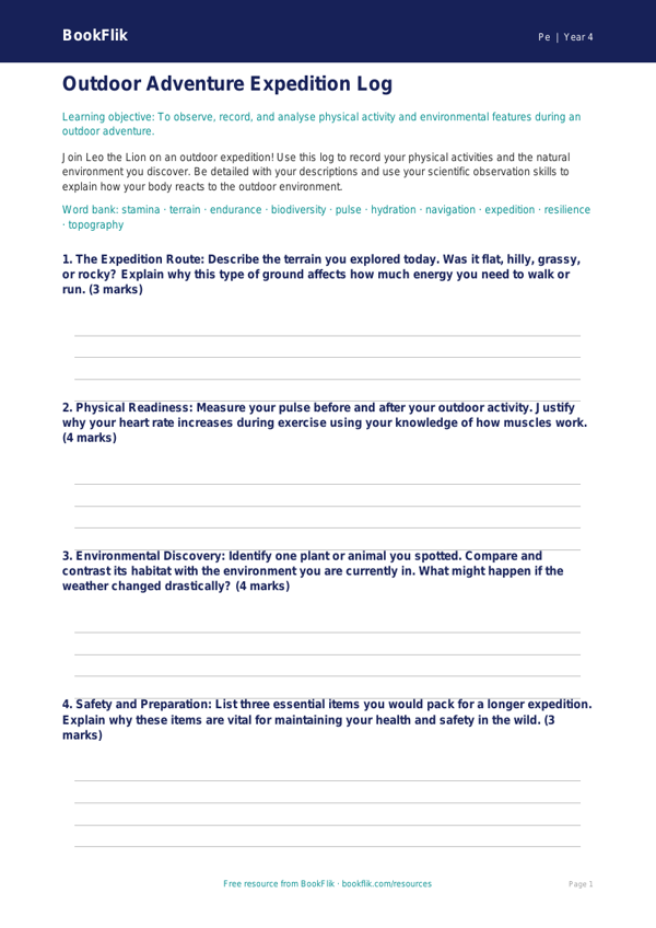 Free Outdoor Adventures Template | Year 4 Greater Depth | BookFlik worksheet preview — Pe Outdoor Adventures