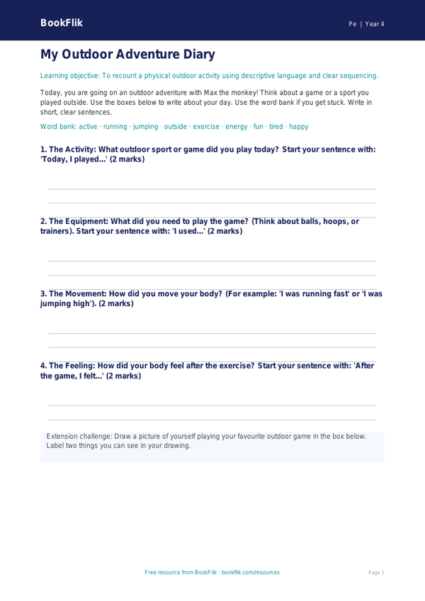 Free Outdoor Adventures Template | Year 4 Supported | BookFlik worksheet preview — Pe Outdoor Adventures