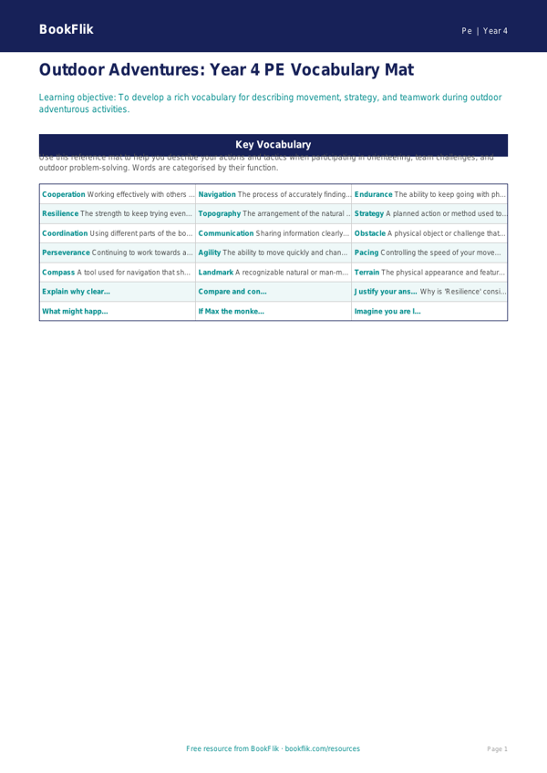 Free Outdoor Adventures Word Mat | Year 4 Greater Depth | BookFlik worksheet preview — Pe Outdoor Adventures