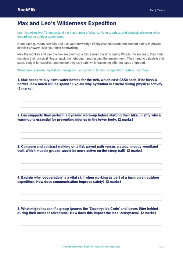 Free Outdoor Adventures Worksheet | Year 4 Greater Depth | BookFlik worksheet preview — Pe Outdoor Adventures