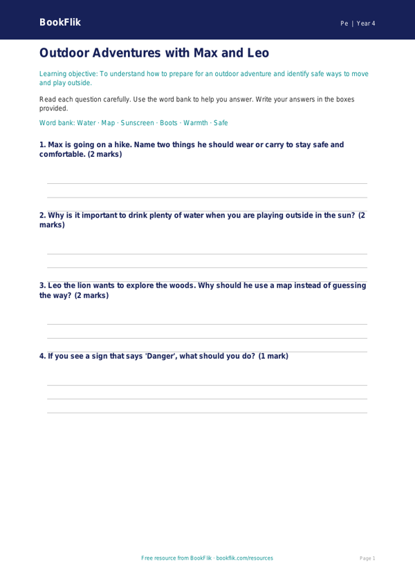 Free Outdoor Adventures Worksheet | Year 4 Supported | BookFlik worksheet preview — Pe Outdoor Adventures