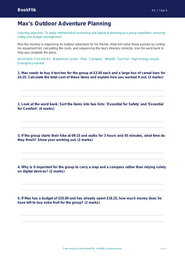 Free Outdoor Adventures Activity Sheet | Year 5 Core | BookFlik worksheet preview — Pe Outdoor Adventures