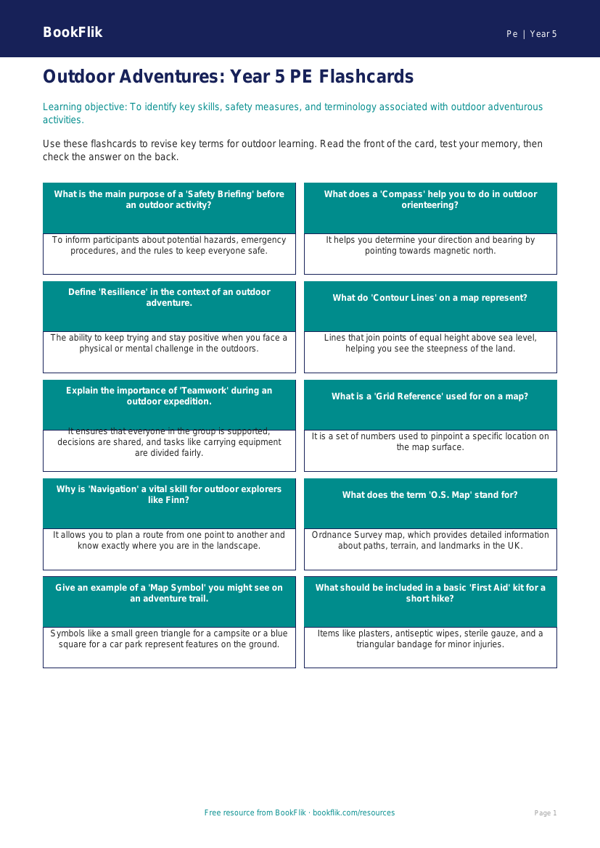 Free Outdoor Adventures Flashcards | Year 5 Core | BookFlik worksheet preview — Pe Outdoor Adventures