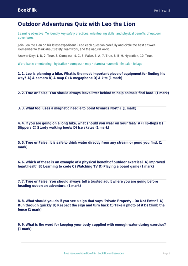 Free Outdoor Adventures Quiz | Year 5 Core | BookFlik worksheet preview — Pe Outdoor Adventures