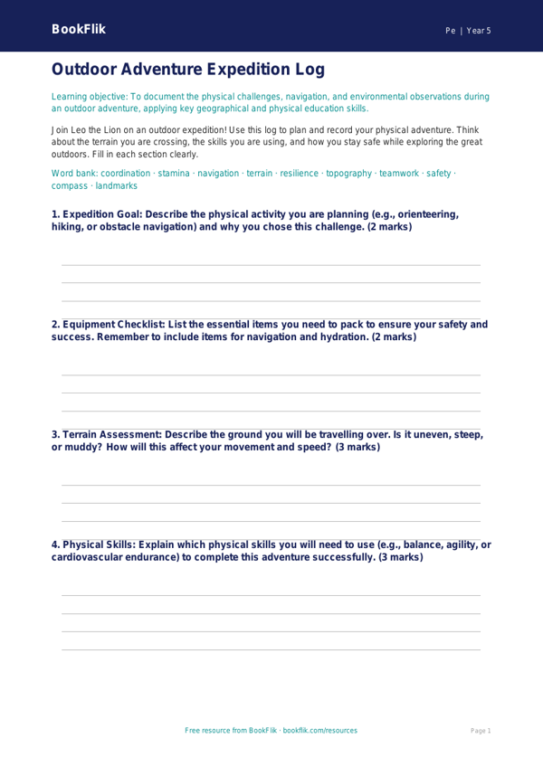 Free Outdoor Adventures Template | Year 5 Core | BookFlik worksheet preview — Pe Outdoor Adventures