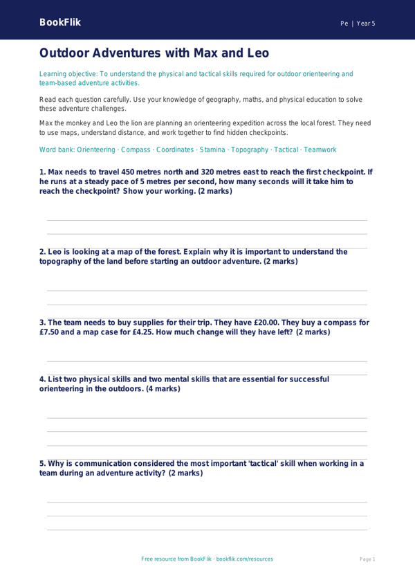 Free Outdoor Adventures Worksheet | Year 5 Core | BookFlik worksheet preview — Pe Outdoor Adventures