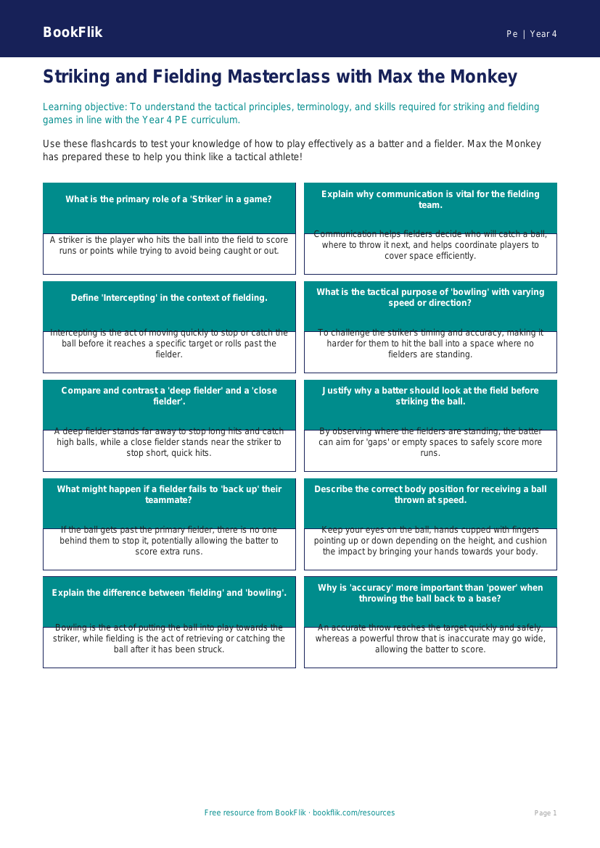 Free Striking And Fielding Flashcards | Year 4 Greater Depth | BookFlik worksheet preview — Pe Striking And Fielding