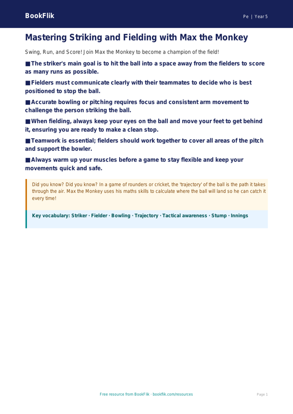Free Striking And Fielding Poster | Year 5 Core | BookFlik worksheet preview — Pe Striking And Fielding