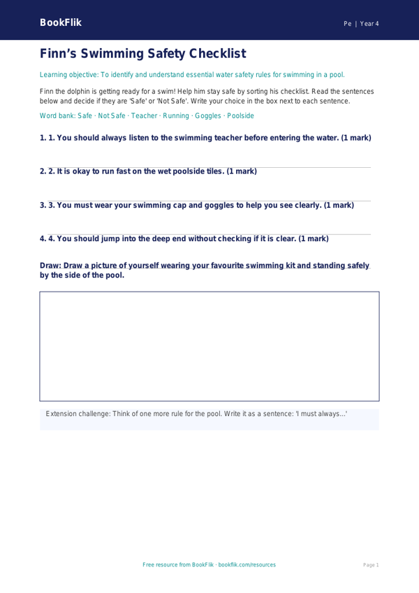 Free Swimming Activity Sheet | Year 4 Supported | BookFlik worksheet preview — Pe Swimming