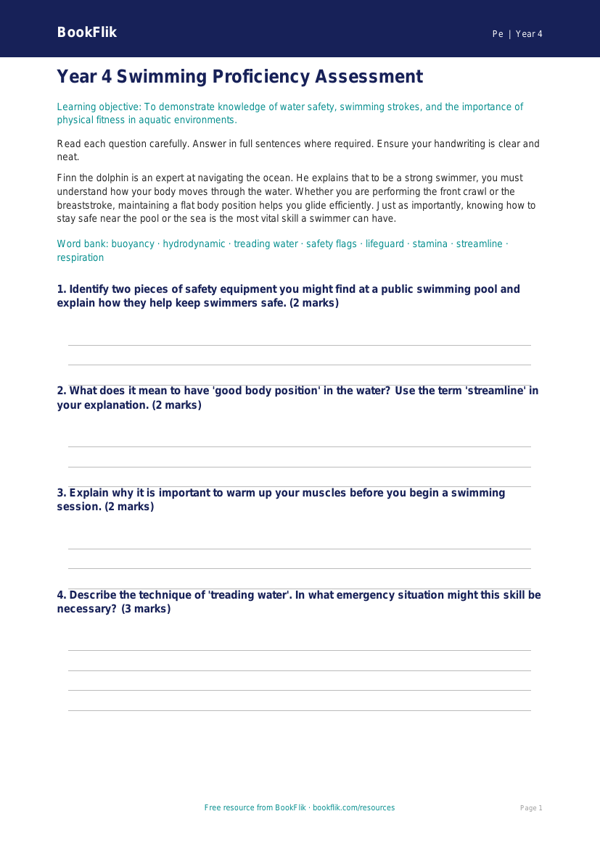Free Swimming Assessment | Year 4 Greater Depth | BookFlik worksheet preview — Pe Swimming