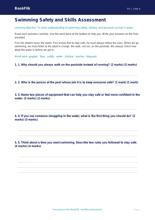 Free Swimming Assessment | Year 4 Supported | BookFlik worksheet preview — Pe Swimming