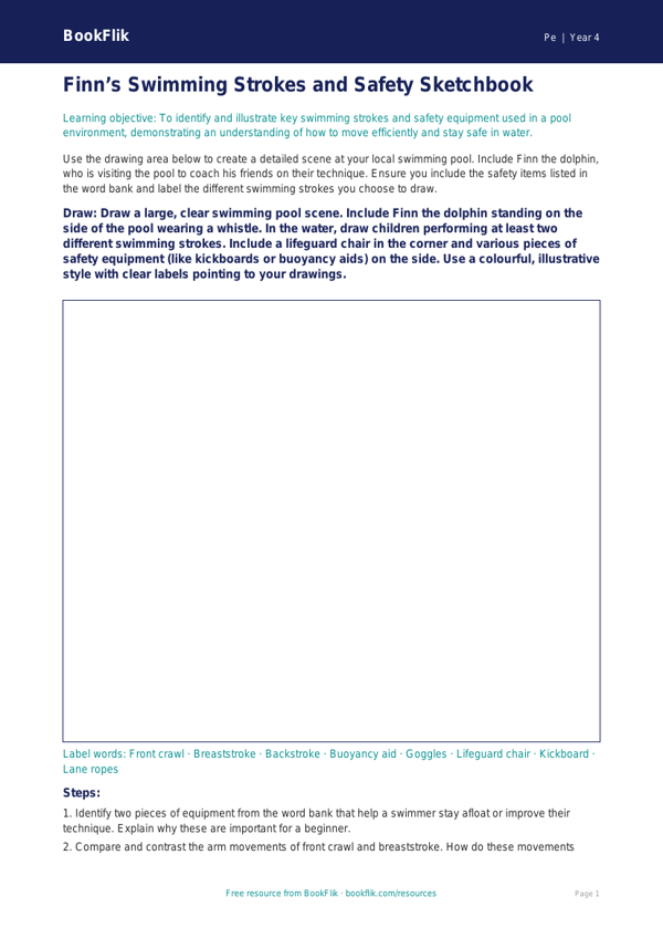 Free Swimming Drawing Sheet | Year 4 Greater Depth | BookFlik worksheet preview — Pe Swimming