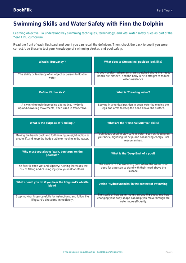 Free Swimming Flashcards | Year 4 Greater Depth | BookFlik worksheet preview — Pe Swimming