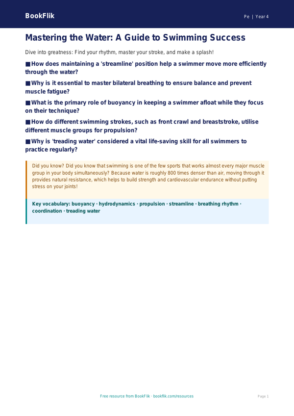 Free Swimming Poster | Year 4 Greater Depth | BookFlik worksheet preview — Pe Swimming
