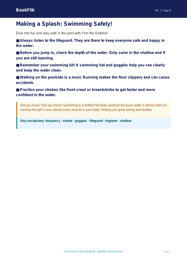 Free Swimming Poster | Year 4 Supported | BookFlik worksheet preview — Pe Swimming