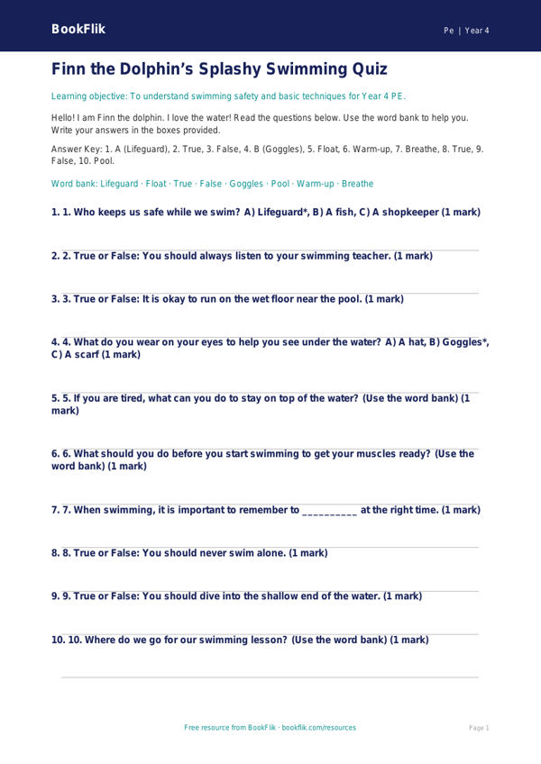 Free Swimming Quiz | Year 4 Supported | BookFlik worksheet preview — Pe Swimming