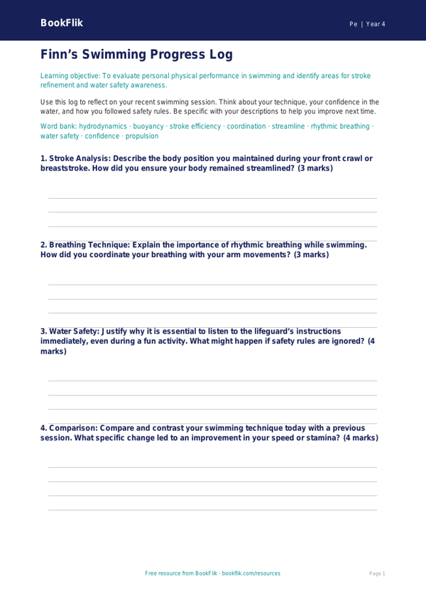 Free Swimming Template | Year 4 Greater Depth | BookFlik worksheet preview — Pe Swimming