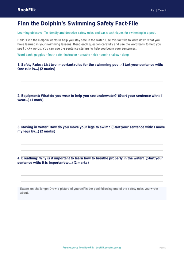 Free Swimming Lesson Worksheet | Year 4 Supported | BookFlik worksheet preview — Pe Swimming
