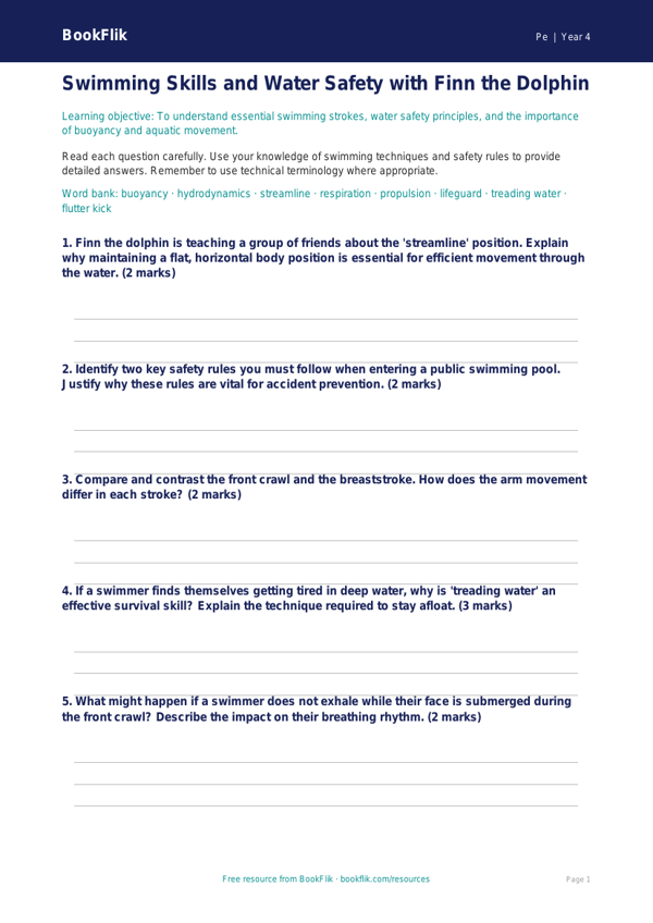 Free Swimming Worksheet | Year 4 Greater Depth | BookFlik worksheet preview — Pe Swimming