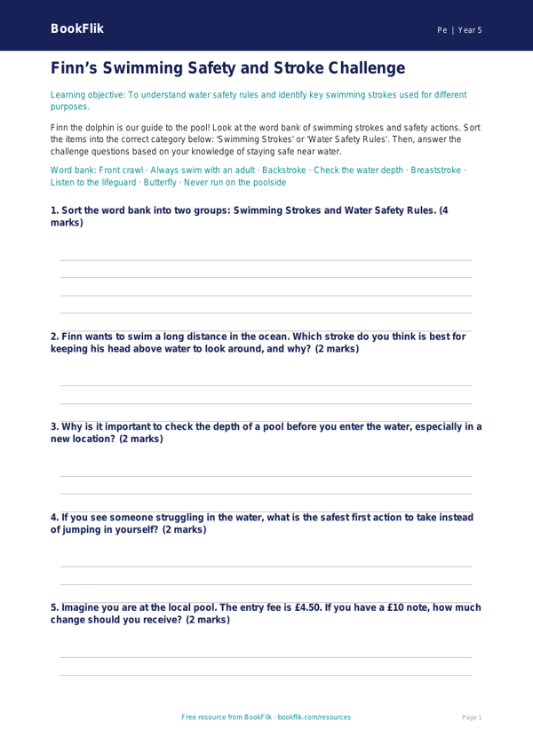 Free Swimming Activity Sheet | Year 5 Core | BookFlik worksheet preview — Pe Swimming