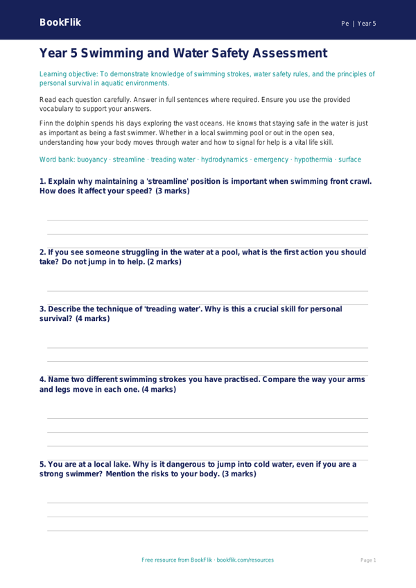 Free Swimming Assessment | Year 5 Core | BookFlik worksheet preview — Pe Swimming