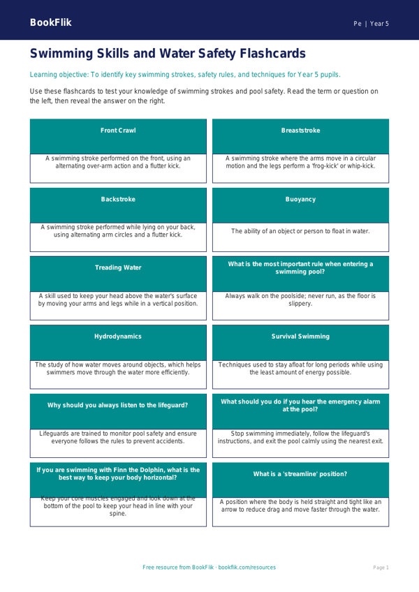Free Swimming Flashcards | Year 5 Core | BookFlik worksheet preview — Pe Swimming