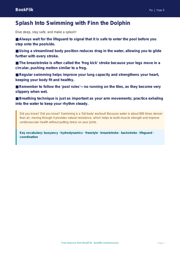 Free Swimming Poster | Year 5 Core | BookFlik worksheet preview — Pe Swimming