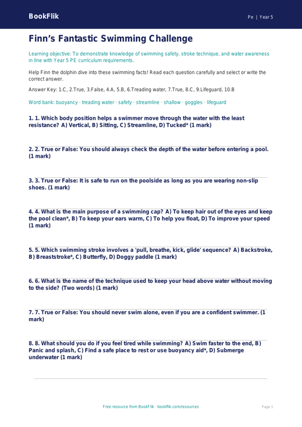 Free Swimming Quiz | Year 5 Core | BookFlik worksheet preview — Pe Swimming