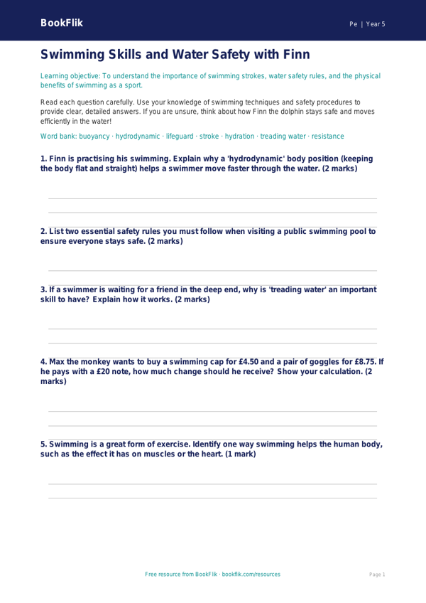 Free Swimming Worksheet | Year 5 Core | BookFlik worksheet preview — Pe Swimming