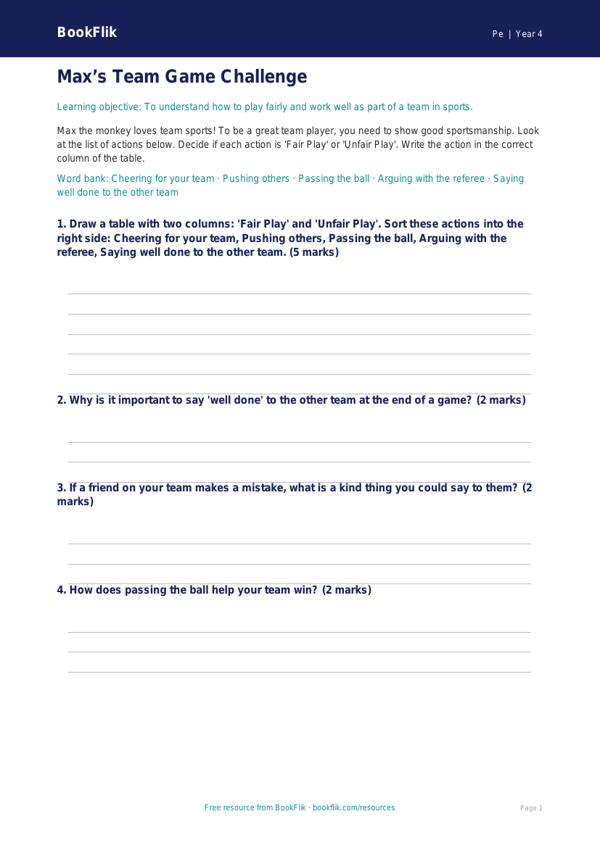 Free Team Games Activity Sheet | Year 4 Supported | BookFlik worksheet preview — Pe Team Games