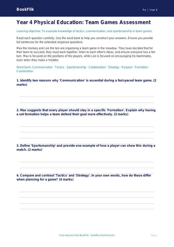 Free Team Games Assessment | Year 4 Greater Depth | BookFlik worksheet preview — Pe Team Games