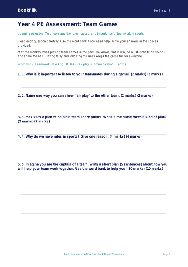 Free Team Games Assessment | Year 4 Supported | BookFlik worksheet preview — Pe Team Games
