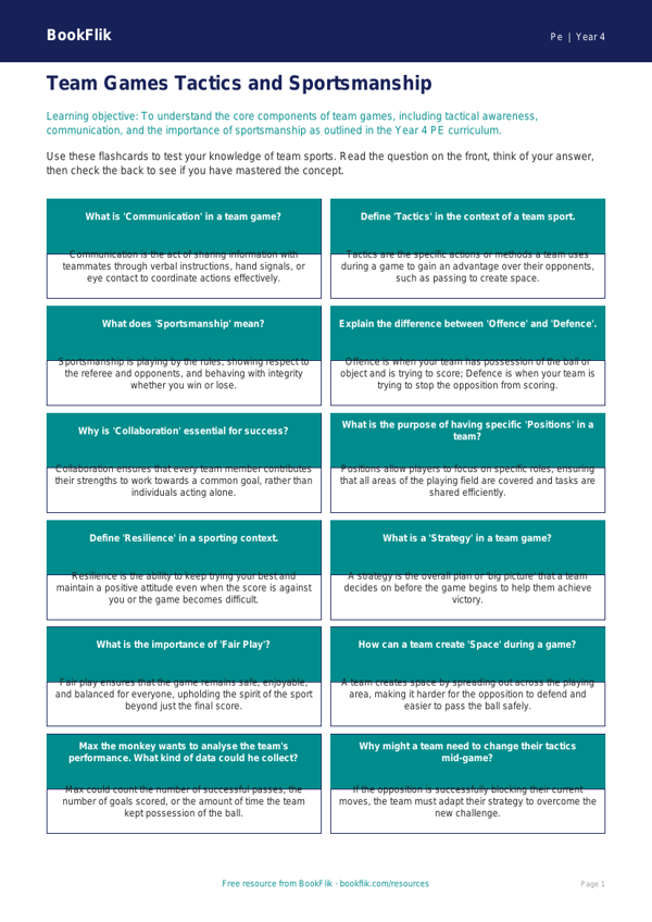 Free Team Games Flashcards | Year 4 Greater Depth | BookFlik worksheet preview — Pe Team Games