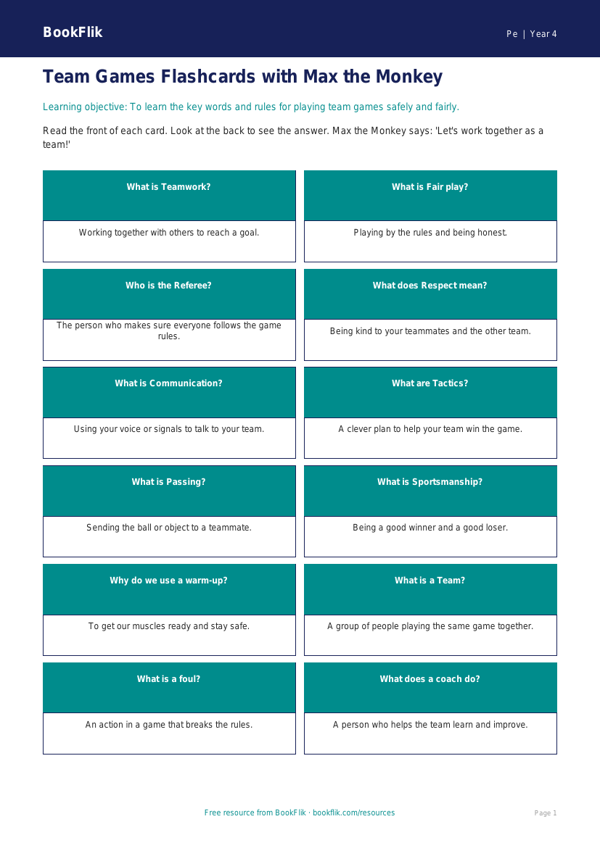 Free Team Games Flashcards | Year 4 Supported | BookFlik worksheet preview — Pe Team Games