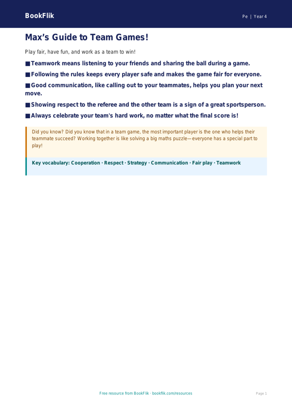 Free Team Games Poster | Year 4 Supported | BookFlik worksheet preview — Pe Team Games