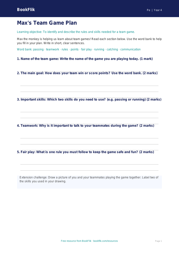 Free Team Games Template | Year 4 Supported | BookFlik worksheet preview — Pe Team Games