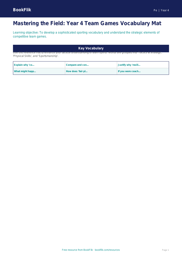 Free Team Games Word Mat | Year 4 Greater Depth | BookFlik worksheet preview — Pe Team Games