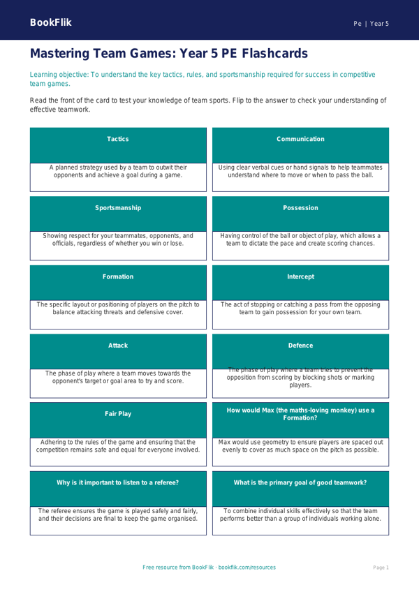 Free Team Games Flashcards | Year 5 Core | BookFlik worksheet preview — Pe Team Games