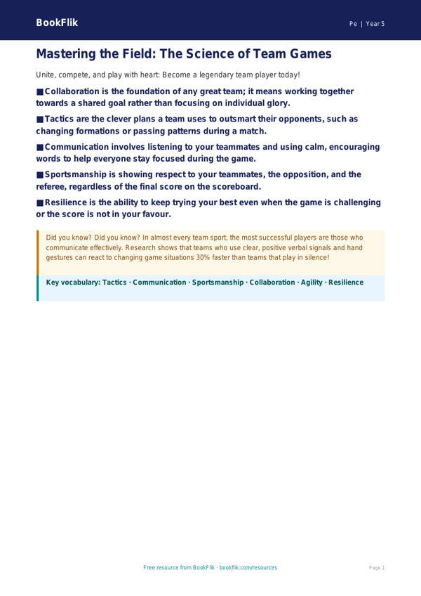 Free Team Games Poster | Year 5 Core | BookFlik worksheet preview — Pe Team Games