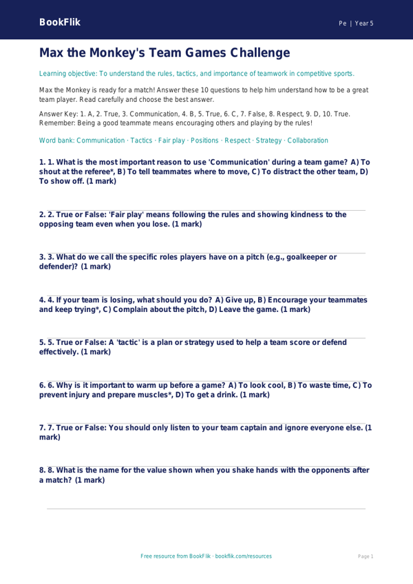 Free Team Games Quiz | Year 5 Core | BookFlik worksheet preview — Pe Team Games