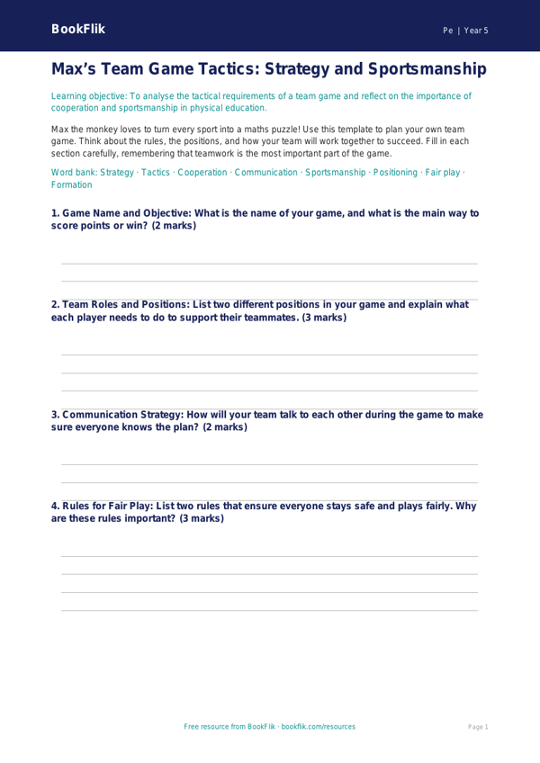 Free Team Games Template | Year 5 Core | BookFlik worksheet preview — Pe Team Games