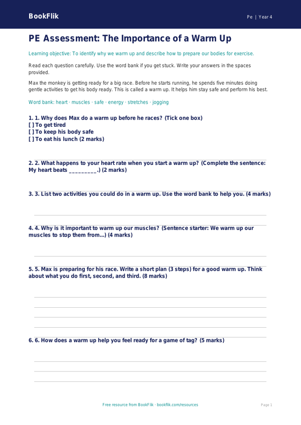 Free Warm Up Assessment | Year 4 Supported | BookFlik worksheet preview — Pe Warm Up