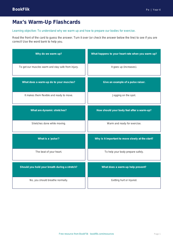 Free Warm Up Flashcards | Year 4 Supported | BookFlik worksheet preview — Pe Warm Up