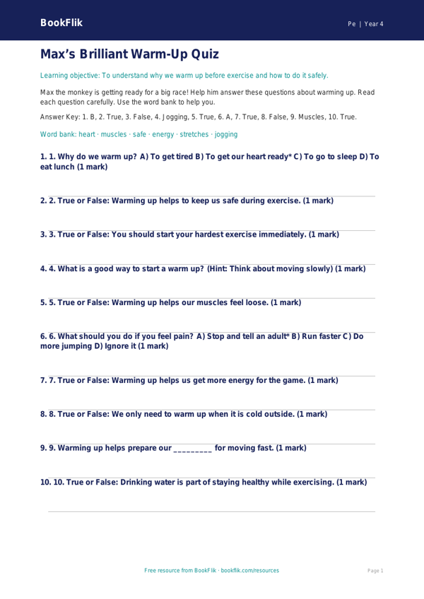 Free Year 4 Warm Up Quiz | Printable Worksheet | BookFlik worksheet preview — Pe Warm Up