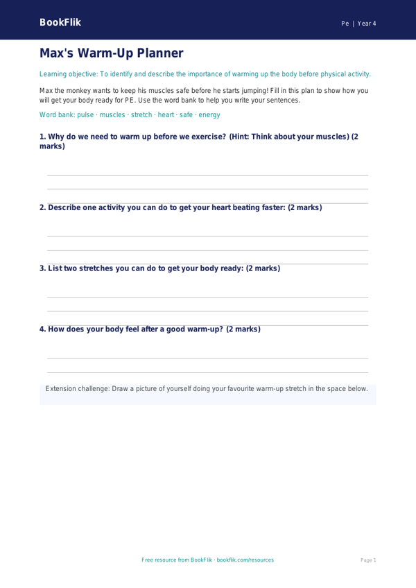Free Warm Up Template | Year 4 Supported | BookFlik worksheet preview — Pe Warm Up