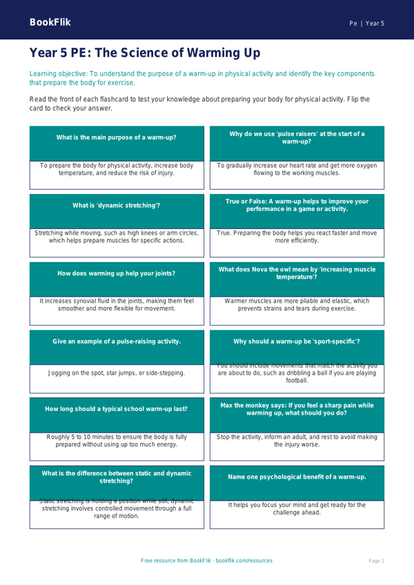 Free Warm Up Flashcards | Year 5 Core | BookFlik worksheet preview — Pe Warm Up